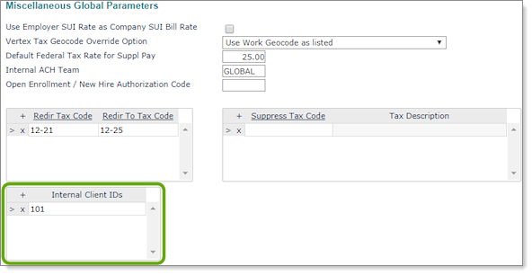 Miscellaneous Global Parameters form, with the Internal Client IDs grid highlighted. An internal client ID is listed in the grid.