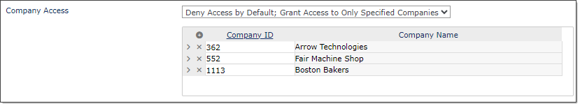 example setup of Company Access settings for the Web Service User