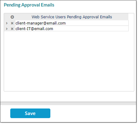 Pending Approval Emails grid with some example email addresses.