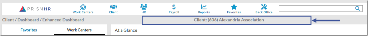Indicates the client ID and name as it displays in PrismHR, above the form and below the top menu.